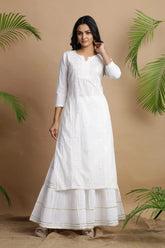 Offwhite Cotton Voile Embroidered Straight Kurta